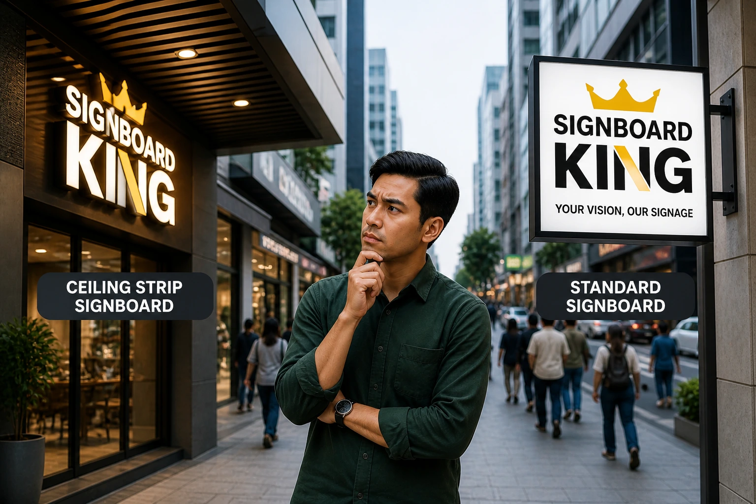 Perbandingan signboard ceiling strip dan signboard biasa di Malaysia untuk memilih signboard terbaik tarik lebih ramai pelanggan
