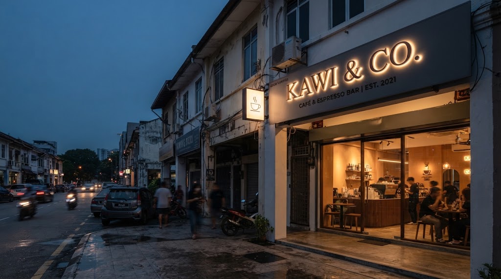 Signboard 3D bercahaya pada kedai makan moden di Kuala Lumpur pada waktu malam
