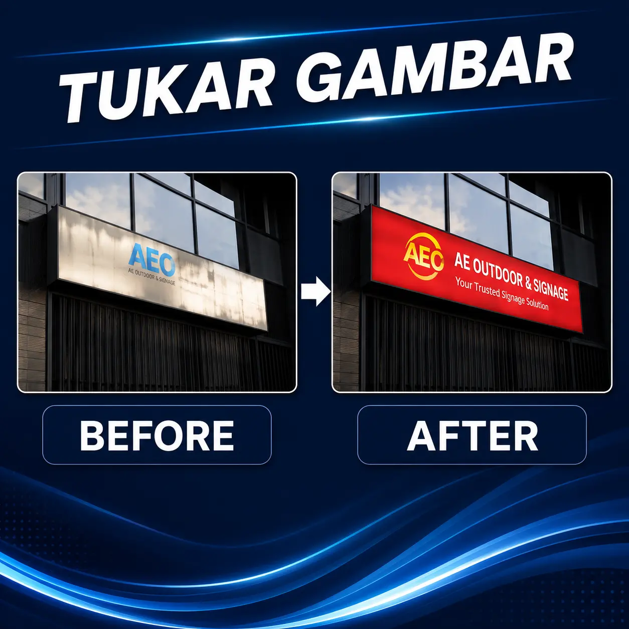 Signboard image replacement service for updating lightbox graphics, shop signage, and commercial branding displays in Malaysia