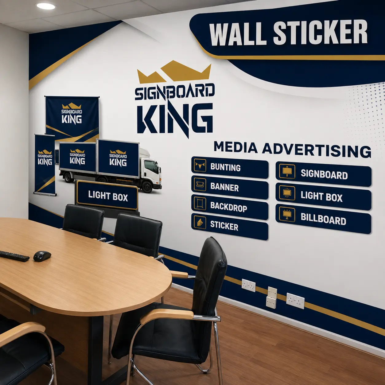 Custom wall sticker printing for office branding, retail decoration, commercial interiors, and business advertising in Malaysia