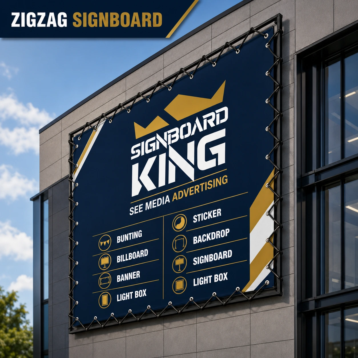 Zig zag signboard with custom framing for commercial branding and outdoor advertising in Malaysia