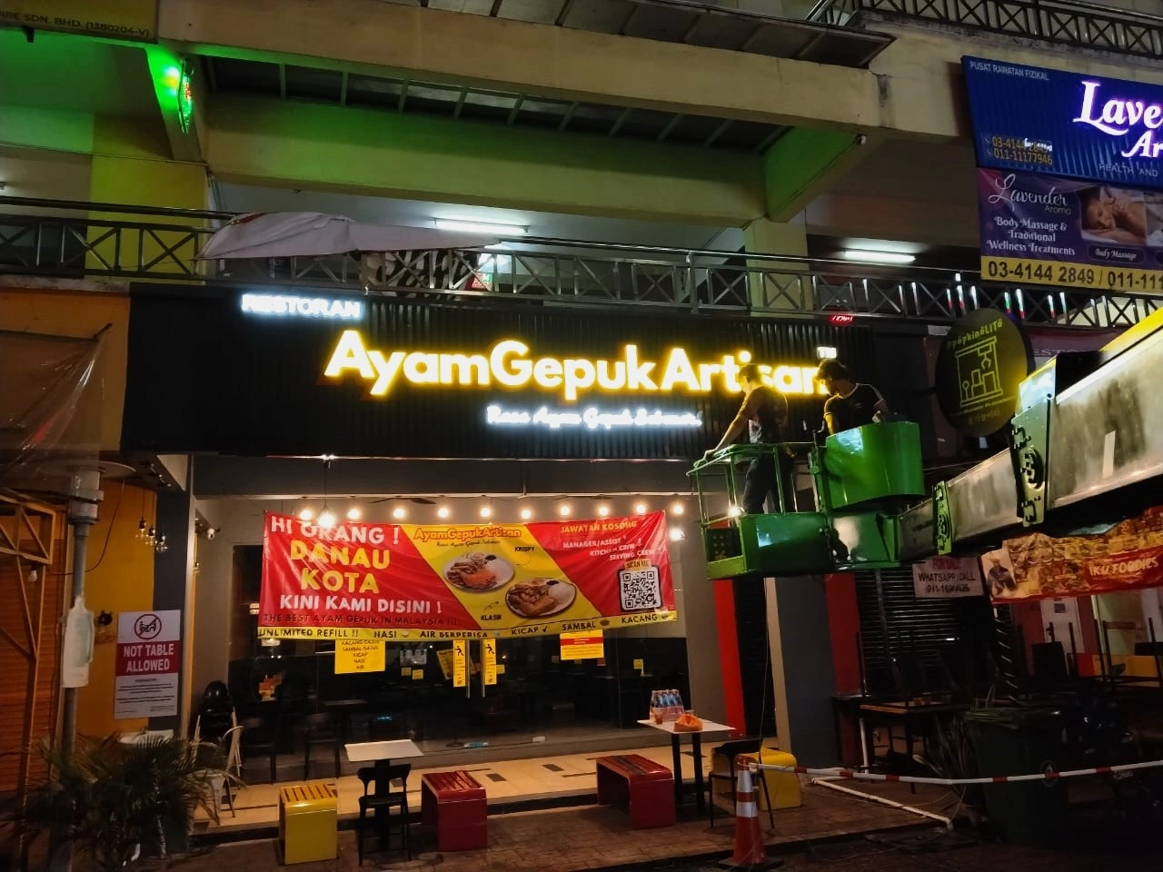 3D box up frontlit signboard Ayam Gepuk Artisan ceiling strip LED signage Malaysia restaurant
