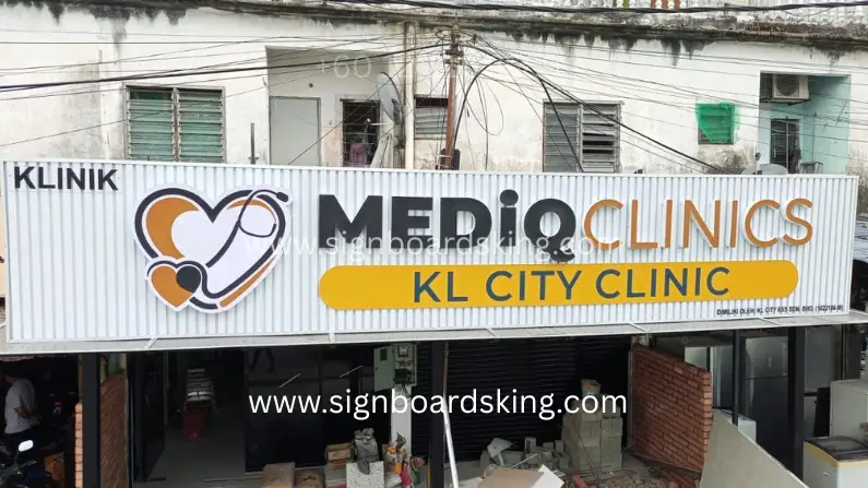 3D box up ceiling strip signage for MEDIQ Clinics KL City Clinic with integrated LED lighting, modern interior clinic signage design in Kuala Lumpur Malaysia