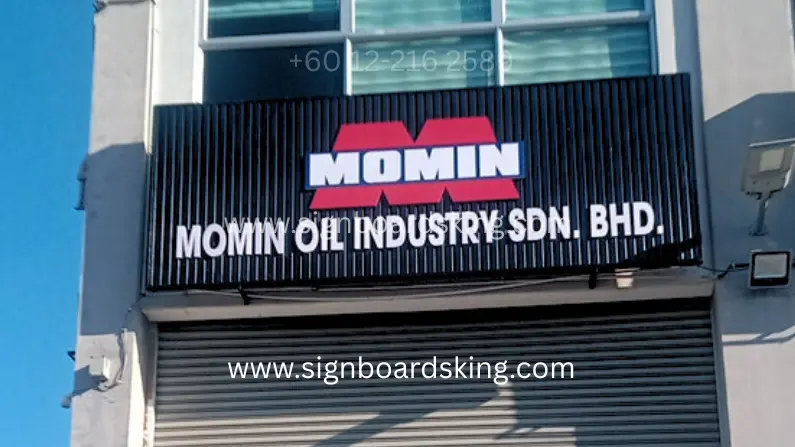 Ceiling Strip Signboard with 3D Box-Up lettering for Momin Oil Industry Sdn. Bhd. installed on industrial building.