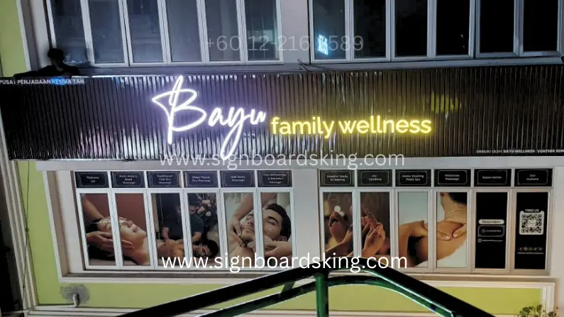 Ceiling Strip Signboard with illuminated 3D LED lettering for Bayu Family Wellness.