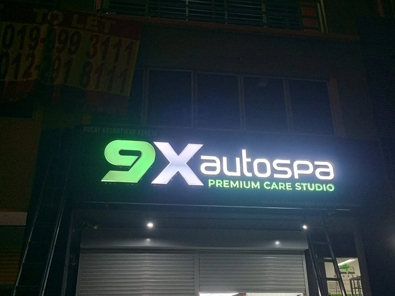 3D box up with light signboard for 9X Autospa PREMIUM CARE STUDIO with illuminated lettering, modern premium signage design for car detailing and autospa shop in Malaysia