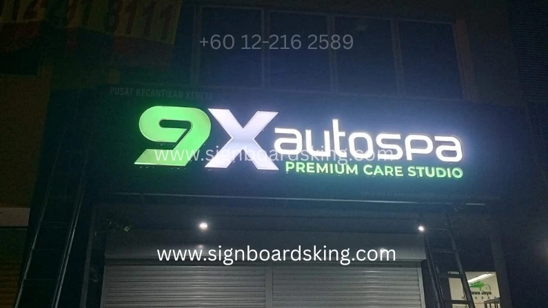 3D box up with light signboard for 9X Autospa PREMIUM CARE STUDIO with illuminated lettering, modern premium signage design for car detailing and autospa shop in Malaysia
