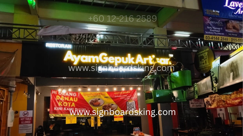 3D box up frontlit signboard Ayam Gepuk Artisan ceiling strip LED signage Malaysia restaurant