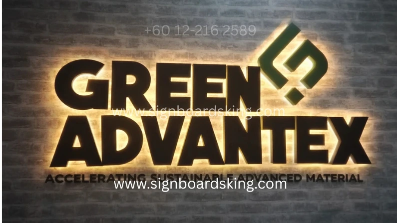 3D Signboard Backlit Accelerating Sustainable Advanced Material dengan huruf timbul dan pencahayaan LED premium untuk premis korporat moden