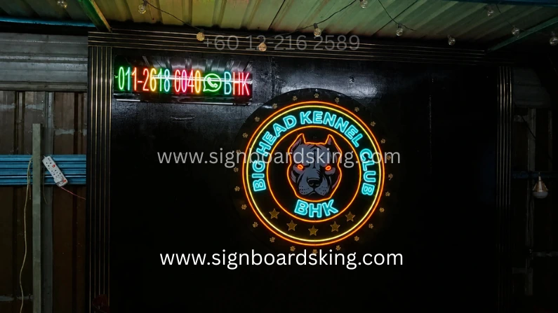 Neon LED sign Big Head Kennel Club with Animal logo and multi color lighting for branding in Malaysia