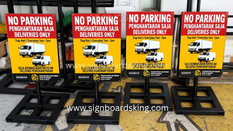 Parking Stand Deliveries Only di Sri Hartamas dengan reka bentuk tahan cuaca dan papan tanda penghantaran yang jelas untuk kawasan parkir komersial