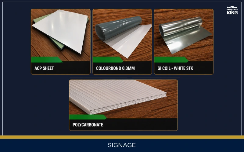 Signage materials Malaysia including ACP sheet, Colourbond, GI coil and polycarbonate for signboard fabrication